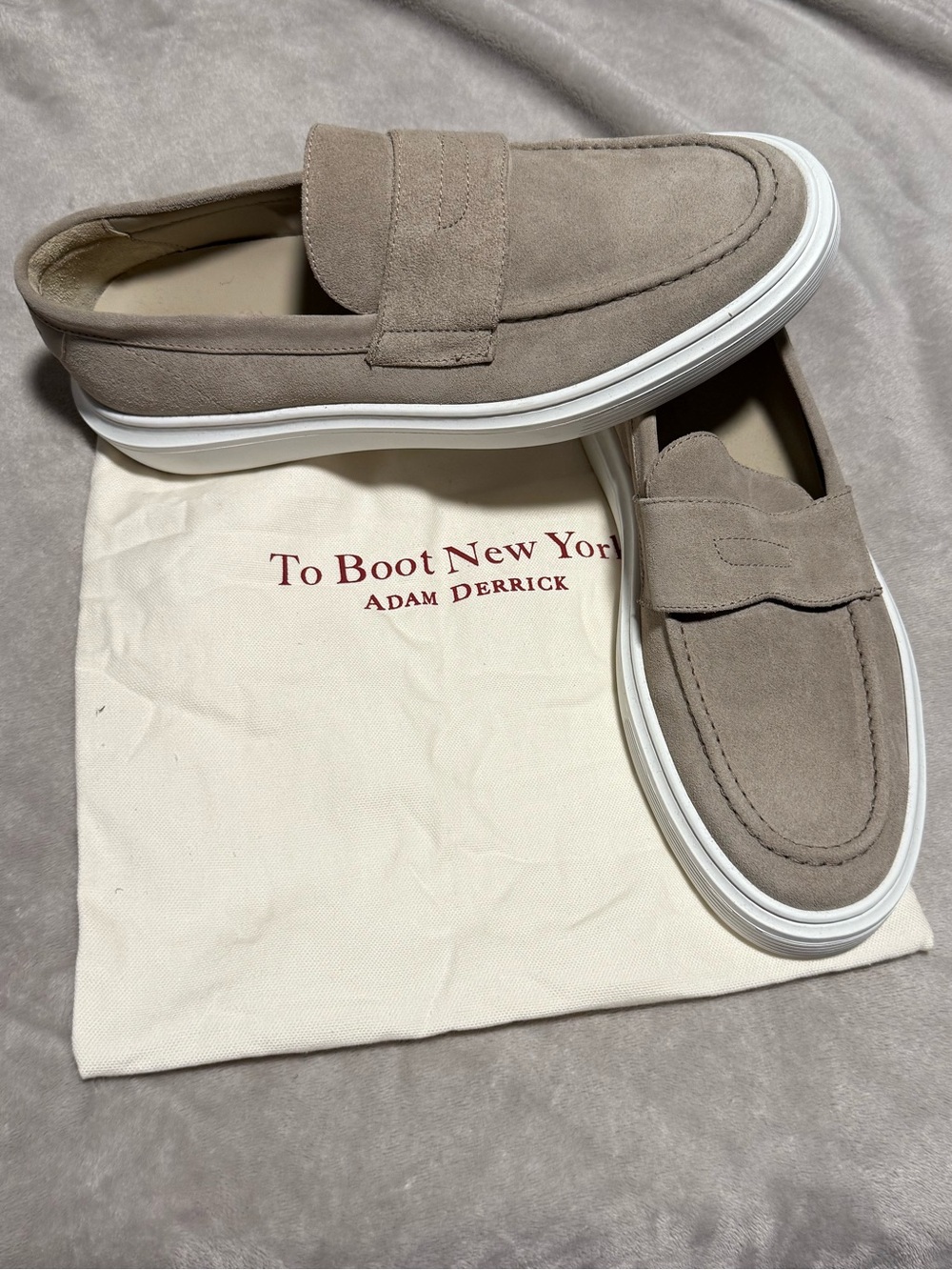 Good Man Brand Taupe Suede Slip-On Penny Loafers with White Sole